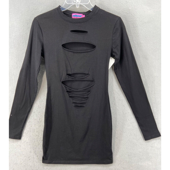 Edikted Dress Womens Sz Small Black Cutout Widow Mini Stretch‎ Long Sleeve - Picture 1 of 13